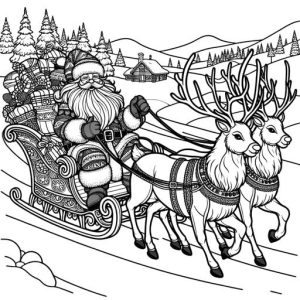 Santa Claus riding a sleigh pulled by reindeer in a snowy landscape