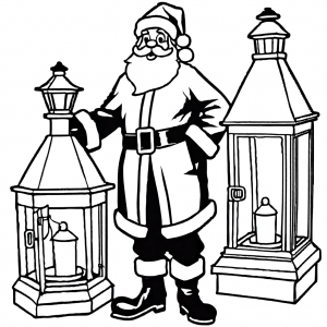 Santa Claus with lantern standing near a chimney