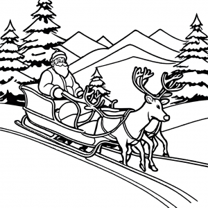 Santa Claus riding a sleigh pulled by reindeers in a snowy landscape with pine trees coloring page