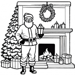 Santa Claus holding a lantern standing in front of a cozy fireplace coloring page