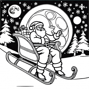 Santa Claus sitting in a sleigh pulled by reindeers with full moon in the background