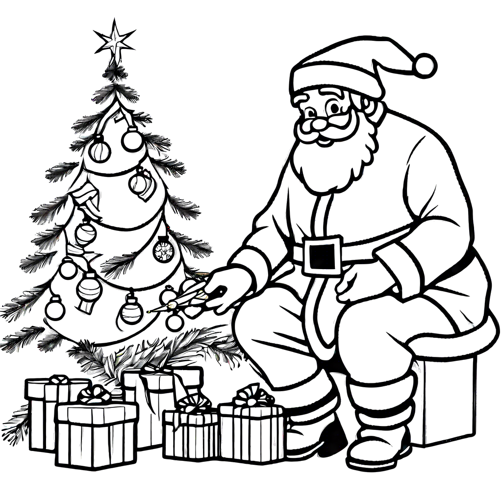 Santa Claus putting gifts under a decorated Christmas tree