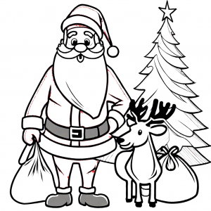 Santa Claus with a red hat and gifts standing next to a reindeer and a Christmas tree coloring page