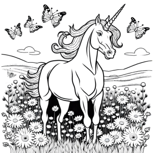 Serene unicorn coloring page with butterflies and flowers