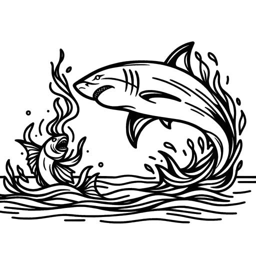 Shark hunting prey black and white coloring page