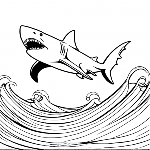 Shark coloring page swimming in the ocean with waves around it