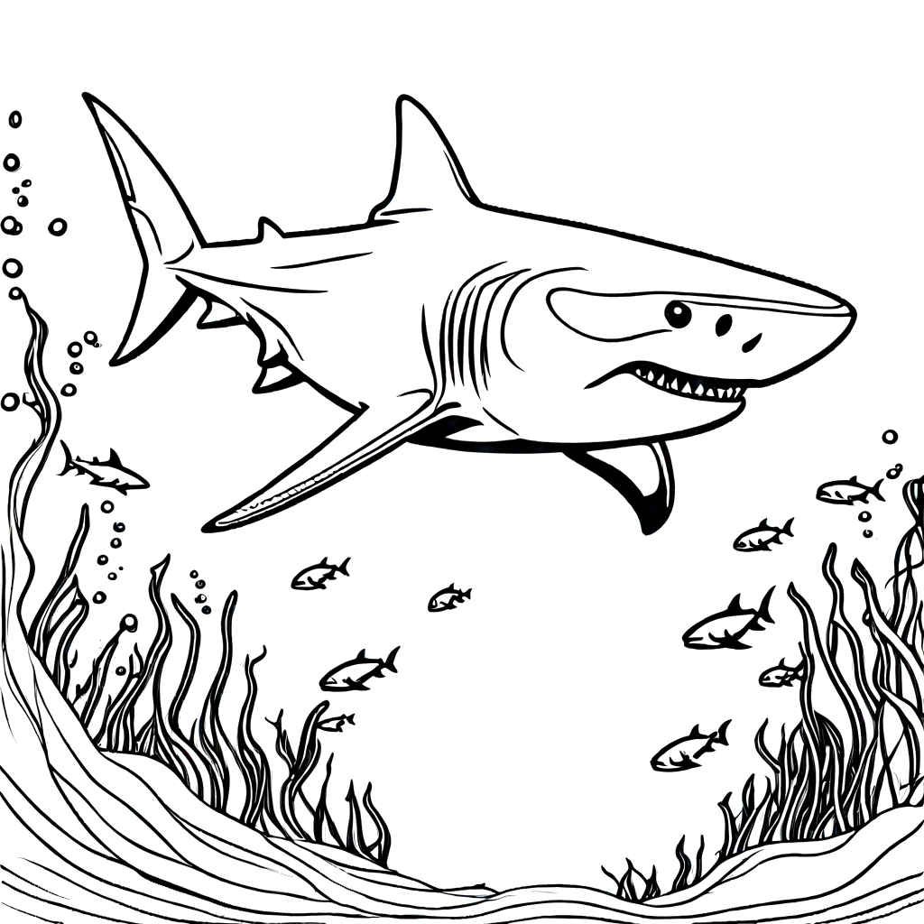 Silhouette coloring page of shark swimming near the ocean floor