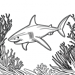 Shark coloring page with seaweed and coral in the background