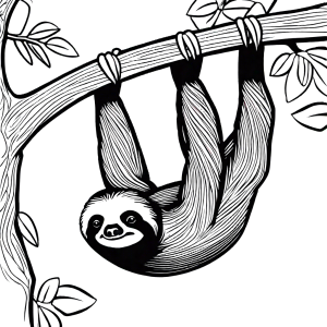 Sloth hanging upside down from a branch coloring page