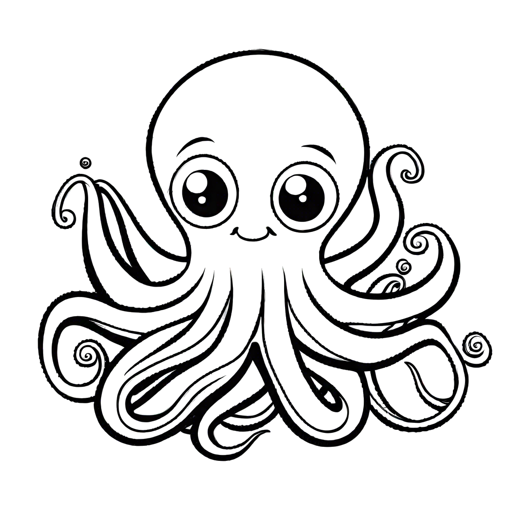 Smiling cartoon octopus with swirling tentacles swimming in the deep sea.