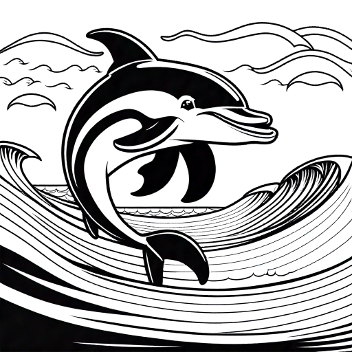 Cartoon illustration of a smiling dolphin with ocean waves in the background