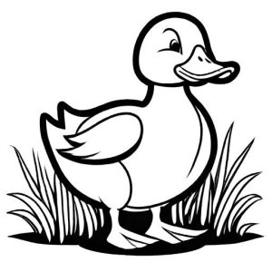 Smiling duck standing on the grass coloring page