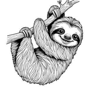 Cute sloth hanging from tree branch coloring page