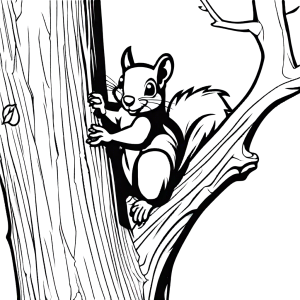 Squirrel outline coloring page climbing a tree