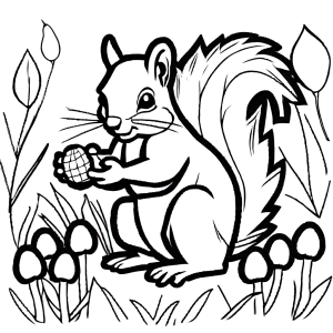 Squirrel sketch coloring page collecting acorns