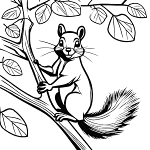 Squirrel holding acorn on tree branch coloring page