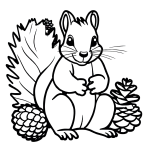 Hand-drawn squirrel coloring page holding pinecone