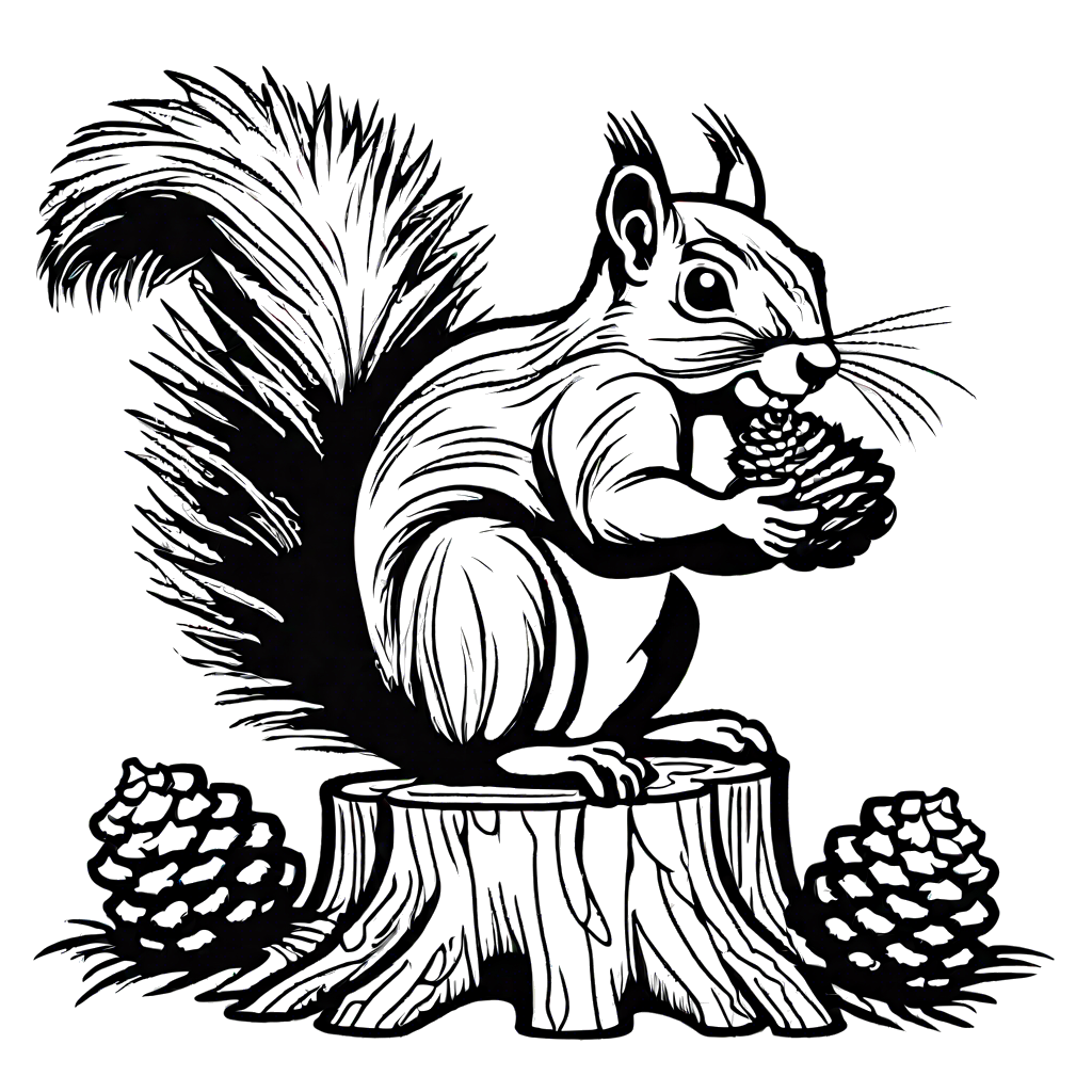 Squirrel perched on tree stump holding pinecone coloring page
