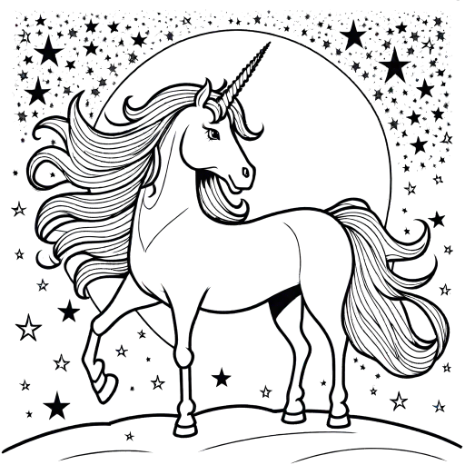 Starry night unicorn coloring page with sparkling sky
