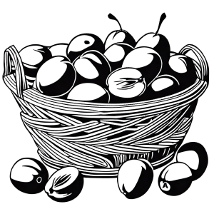 Assortment of plums, apricots, and nectarines in a basket coloring page