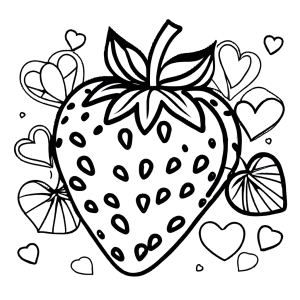 Drawing of strawberry surrounded by small heart shapes