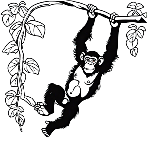 Chimpanzee swinging from vine coloring page
