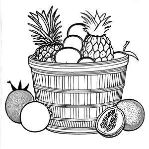 Woven container with lychees, passion fruits, and dragon fruits coloring page