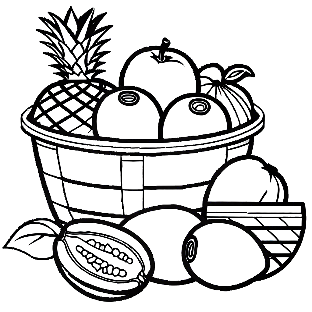Woven container with blueberries, mangoes, and papayas coloring page