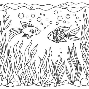 Simple outline drawing of two fish swimming in the water with seaweed and bubbles around them Coloring Page