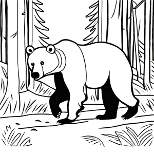 Minimalistic brown bear walking in the woods coloring page