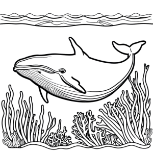 Whale with seaweed and coral line art for coloring