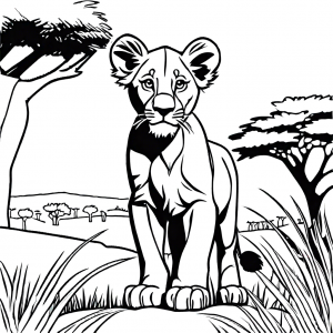 Lion cub safari coloring page with trees