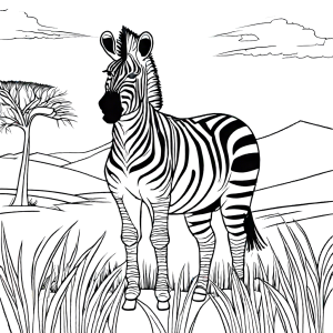 Zebra with a mane in a savanna landscape for coloring