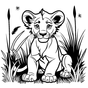 Adorable lion cub sitting coloring page illustration