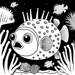 Cute pufferfish with big eyes surrounded by corals and sea anemones coloring page