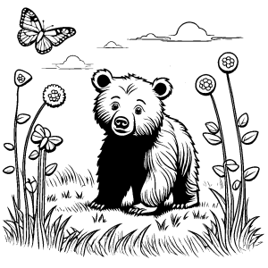 Baby bear playing with butterfly in a field coloring page
