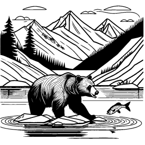 Bear catching fish in river with mountain background coloring page