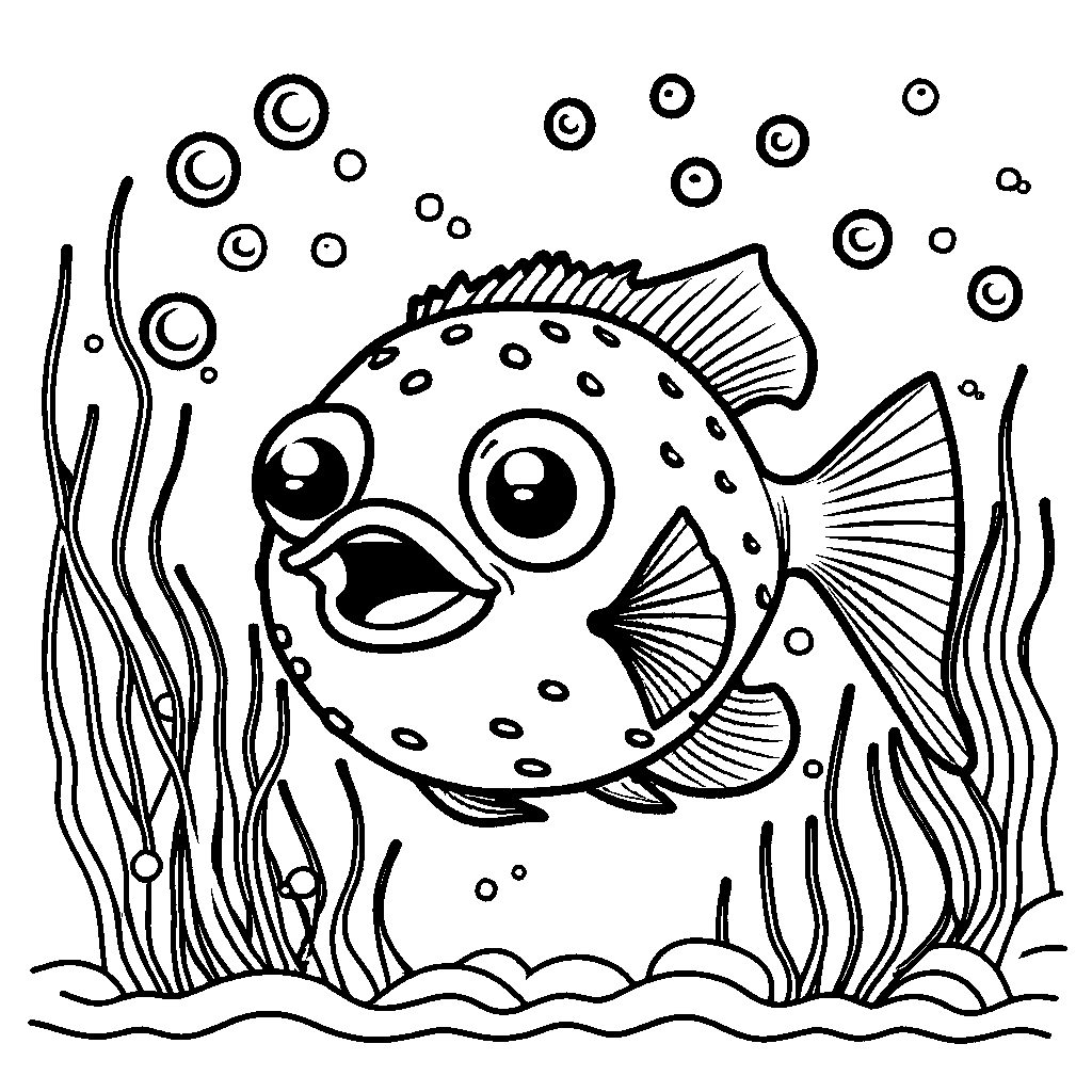Cartoon-style pufferfish navigating through seaweed and bubbles coloring page