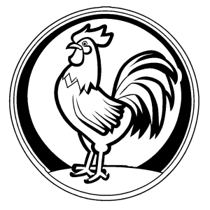 Cartoonish rooster with round body and small wings