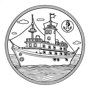 Cartoon style ship illustration with portholes and anchor for coloring fun