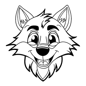 Cute cartoon wolf with big smile, simple features, coloring page