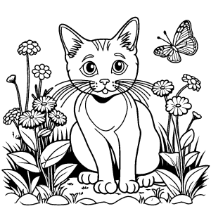 Cat with a butterfly in a garden coloring page