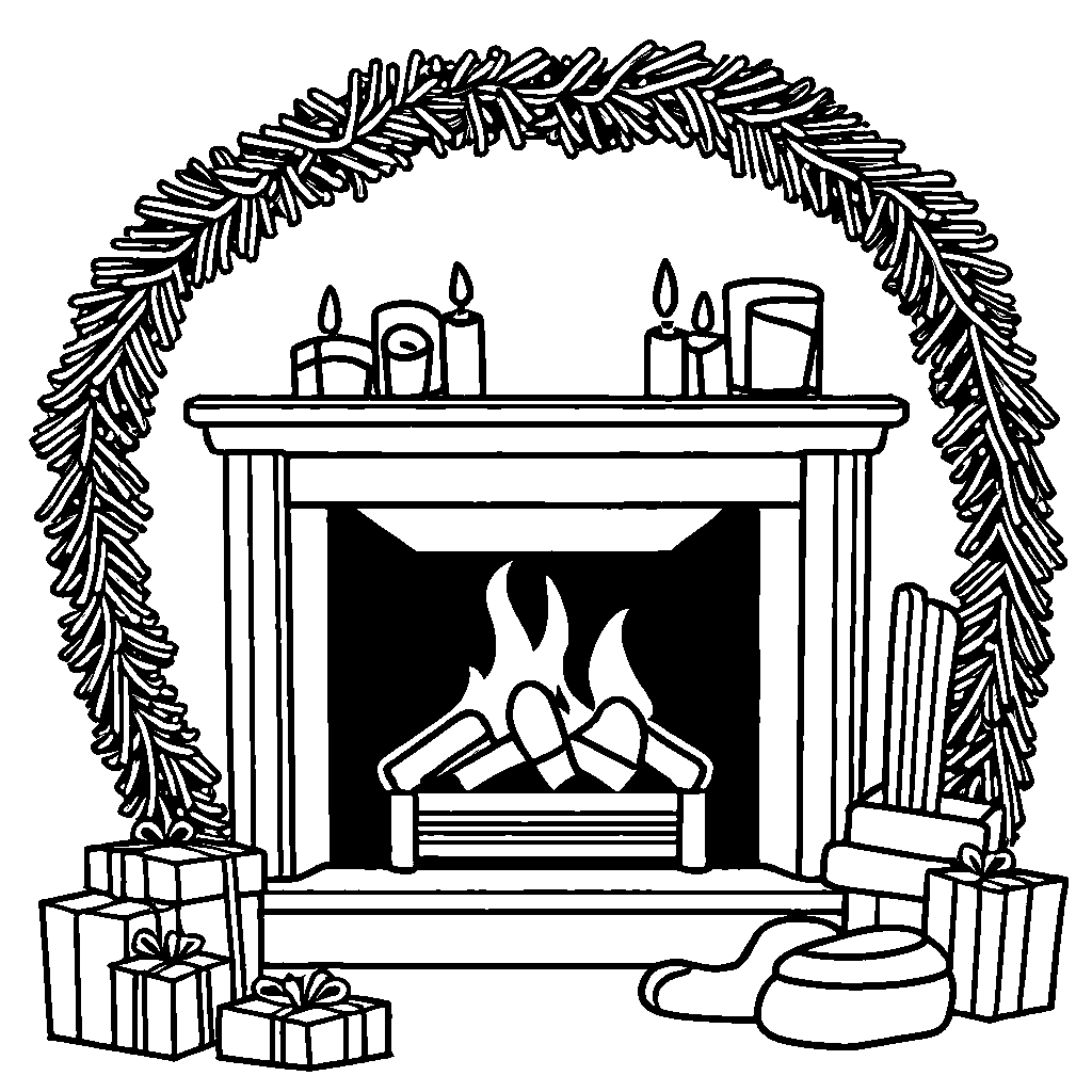Cozy fireplace with stockings and wreath coloring page