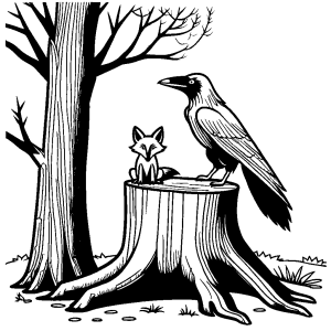 Crow perched on a tree stump with curious fox nearby coloring page