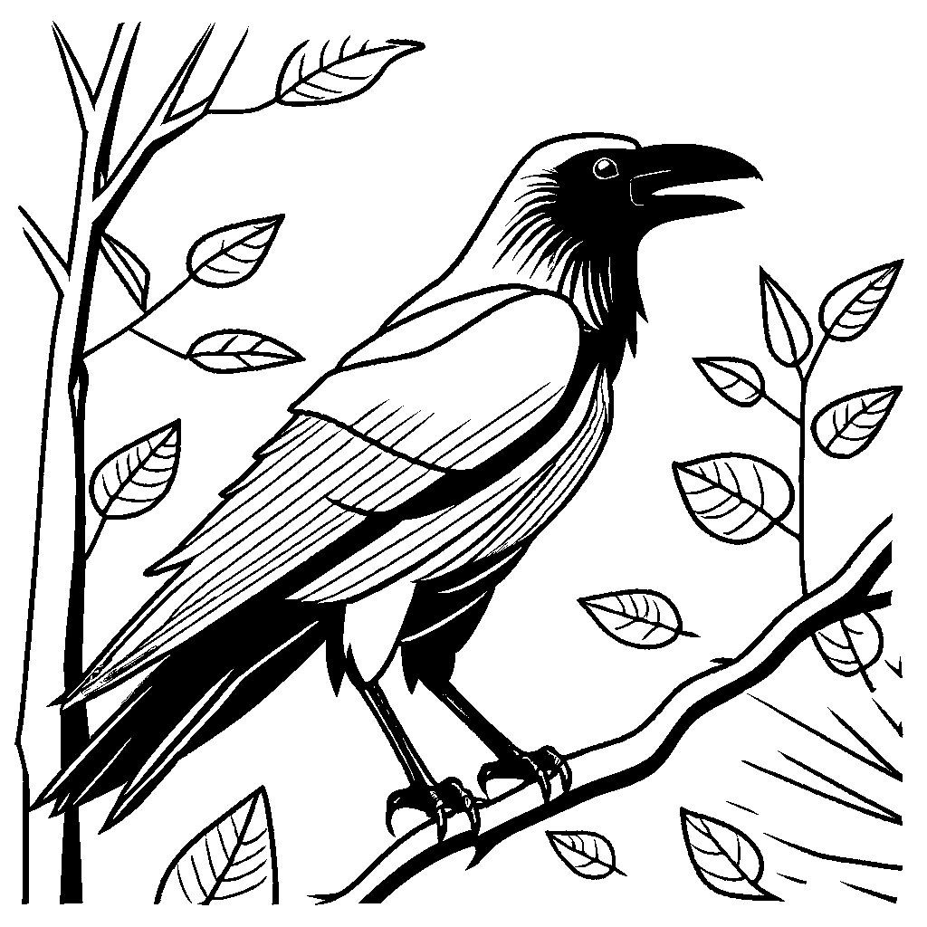 Crow nestled among tree branches and leaves