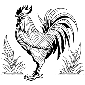 Rooster with large beak and sharp claws, ready to crow