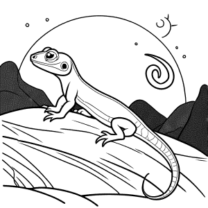 Simple coloring page of a cute lizard basking on a rock under the sun