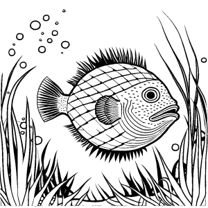 Detailed pufferfish illustration surrounded by underwater plants coloring page