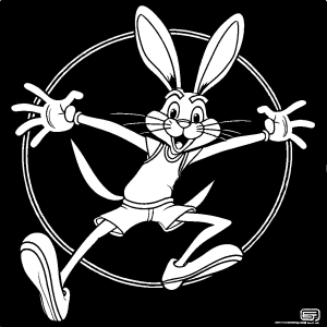 Outline of Bugs Bunny in mid-air jump with outstretched limbs