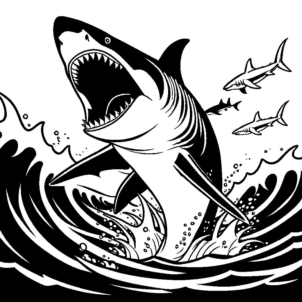 Megalodon shark breaching out of water in dynamic pose coloring page